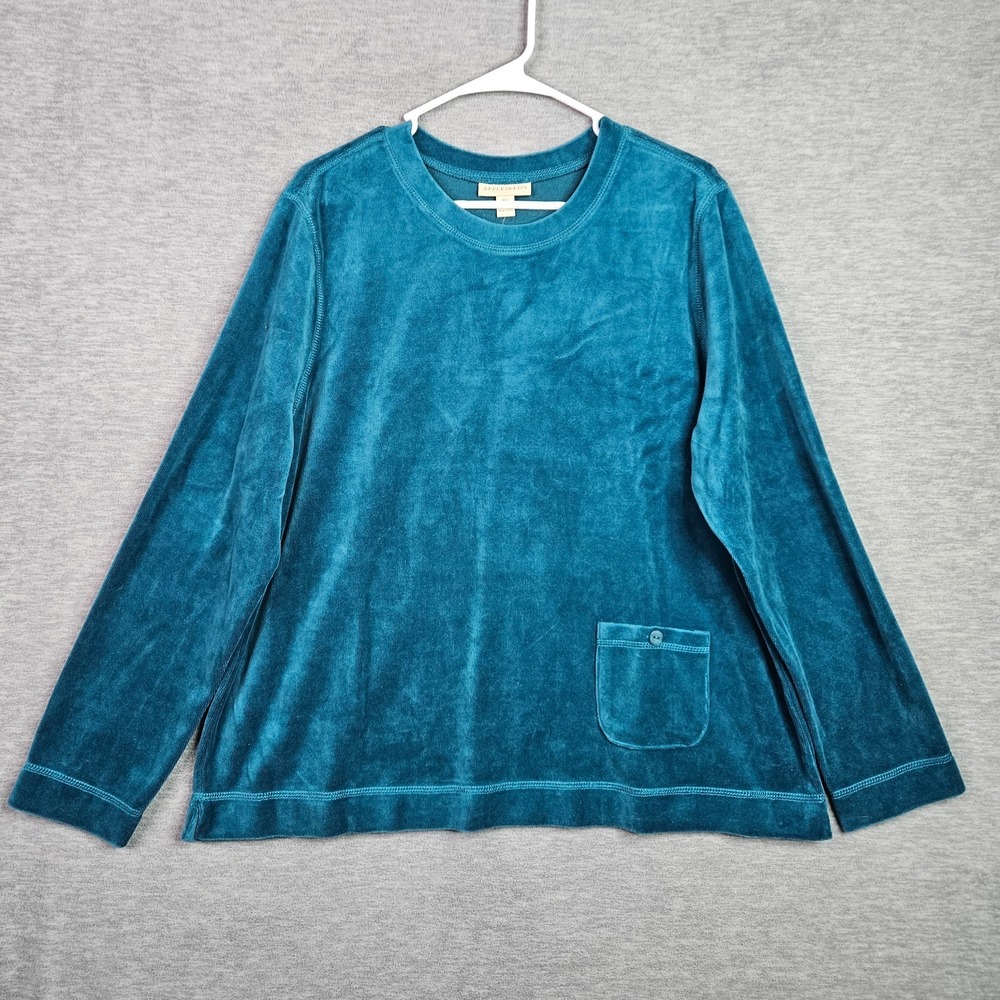 Appleseed's Women Top XL Peacock Blue Velour Long Sleeve Soft Casual Sweatshirt